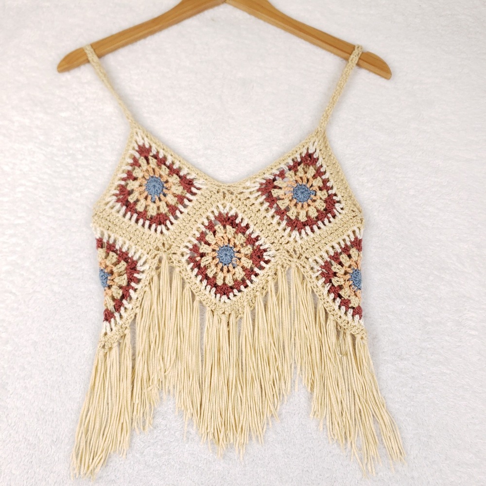 West of Melrose Crochet Granny Square Fringe Crop Top Womens XS Boho Festival